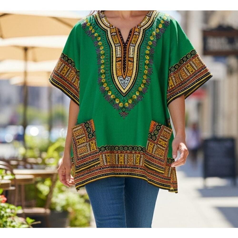 Big Mama Dashiki African Style Pullover Top Women's Size Medium Green and Orange